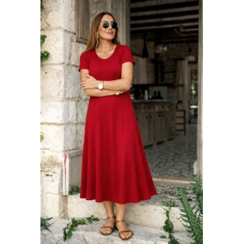 MARSiLYAN- Kadın Kısa Kollu V Yakalı Yırtmaçlı Midi Viskon Elbise
