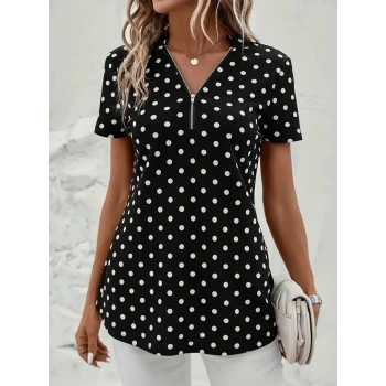 MARSiLYAN- Kadın Kısa Kollu Yakadan Fermuarlı Puantiyeli Uzun Dokuma Viskon Bluz