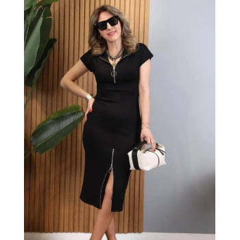 MARSiLYAN- Kadın Kısa Kollu Yakadan Ve Eteği Fermuarlı Viskon Iki Iplik Midi Elbise