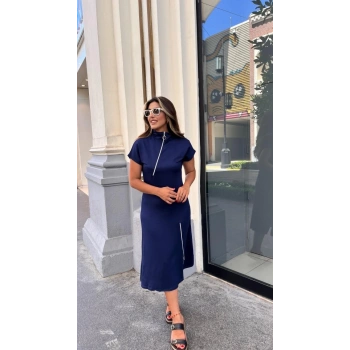 MARSiLYAN- Kadın Kısa Kollu Yakadan Ve Etekten Fermuarlı Midi Viskon Iki Iplik Elbise