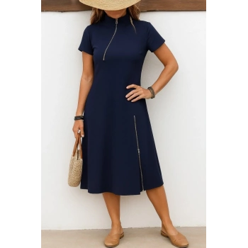 MARSiLYAN- Kadın Kısa Kollu Yakadan Ve Etekten Fermuarlı Midi Viskon Iki Iplik Elbise