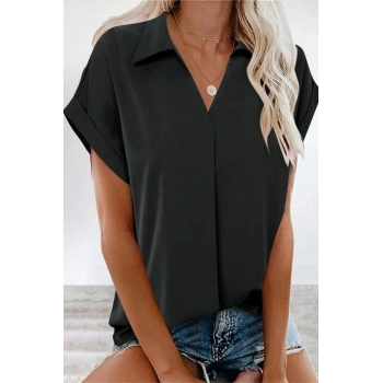 MARSiLYAN- Kadın Kısa Kollu Yakalı Dokuma Viskon Bluz