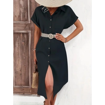 MARSiLYAN- Kadın Kısa Kollu Yakalı Düğme Detay Midi Dokuma Elbise