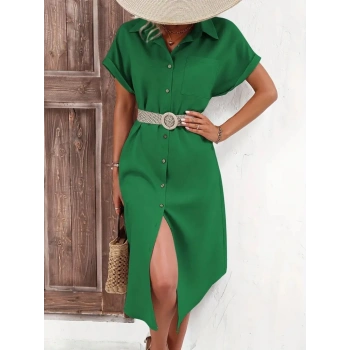 MARSiLYAN- Kadın Kısa Kollu Yakalı Düğme Detay Midi Dokuma Elbise