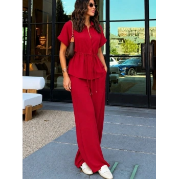 MARSiLYAN- Kadın Kısa Kollu Yakalı önden Düğmeli Belden Bağcıklı Aerobin Bluz Ve Pantolon Ikili Takım