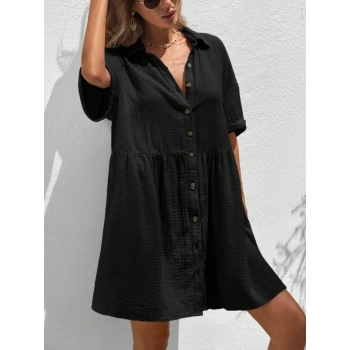 MARSiLYAN- Kadın Kısa Kollu Yakalı önden Düğmeli Kısa Bürümcük Elbise