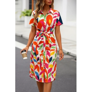 MARSiLYAN- Kadın Kısa Kollu Yakalı önü Düğmeli önden Drapeli Desenli Süprem Elbise