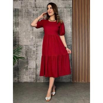 MARSiLYAN- Kadın Kısa Kollu Yakası Açık Katlı Bürümcük Balon Elbise