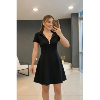 MARSiLYAN- Kadın Kısa Kollu Yakası Fermuarlı Kısa Viskon Iki Iplik Elbise