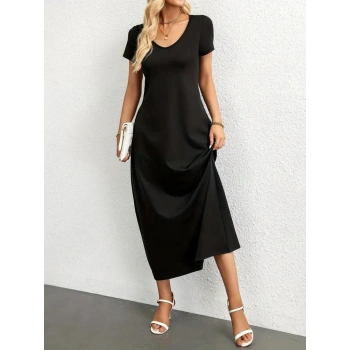 MARSiLYAN- Kadın Kısa Kollu Yakası Yuvarlak Cepli Viskon Elbise