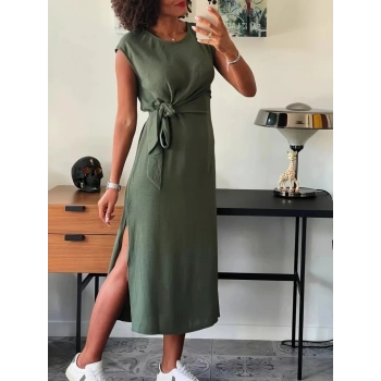 MARSiLYAN- Kadın Kısa Kollu Yuvarlak Yaka Belden Bağcıklı önden Yırtmaçlı Aerobin Elbise