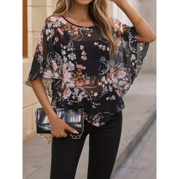 MARSiLYAN- Kadın Kısa Kollu Yuvarlak Yaka çiçek Baskılı Asimetrik Kesim şifon Bluz
