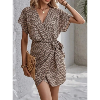 MARSiLYAN- Kadın Kısa Yarasa Kollu önden Kruvaze Yaka Detaylı önden Bağlamalı Desenli Süprem Elbise