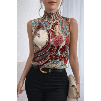 MARSiLYAN- Kadın Kolsuz Balıkçı Yaka Desenli Süprem Bluz