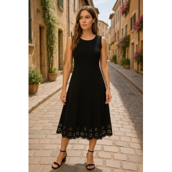 MARSiLYAN- Kadın Kolsuz Etek Ucu Lazer Kesim çiçek Desenli Midi Boy Ithal Krep Elbise