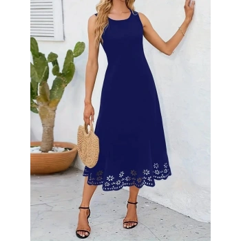 MARSiLYAN- Kadın Kolsuz Etek Ucu Lazer Kesim çiçek Desenli Midi Boy Ithal Krep Elbise