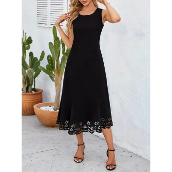 MARSiLYAN- Kadın Kolsuz Etek Ucu Lazer Kesim çiçek Desenli Midi Boy Janjan Krep Elbise