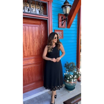 MARSiLYAN- Kadın Kolsuz Etek Ucu Lazer Kesim çiçek Desenli Midi Boy Janjan Krep Elbise