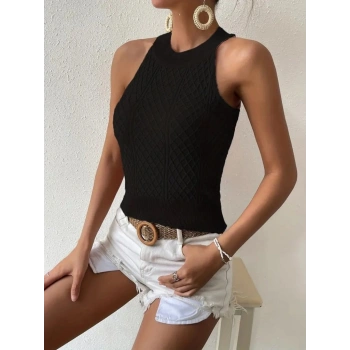 MARSiLYAN- Kadın Kolsuz Halter Yaka Mini Baklava Desenli Triko Bluz