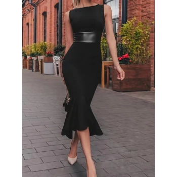 MARSiLYAN- Kadın Kolsuz Kayık Yaka Beli Deri Detaylı Krep Elbise