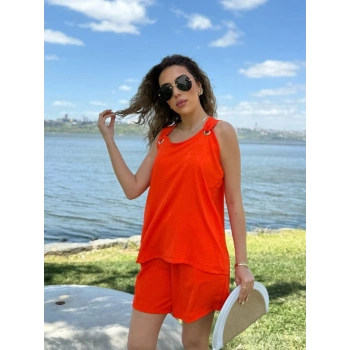MARSiLYAN- Kadın Kolsuz V Yaka Kuş Gözü Detay Bluz Short Aerobin Ikili Takım
