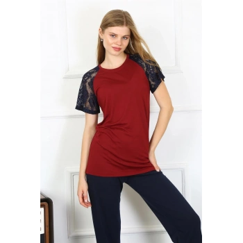 MARSiLYAN- Kadın Kolu Dantelli Penye Pijama Takım Bordo