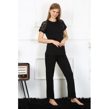 MARSiLYAN- Kadın Kolu Dantelli Penye Pijama Takım Siyah