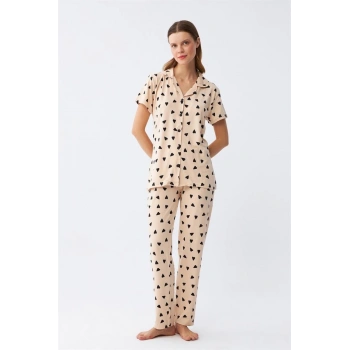 MARSiLYAN- Kadın Krem Rengi Kalp Desenli Önden Düğmeli Pijama Takımı