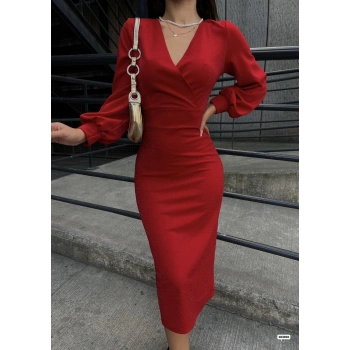 MARSiLYAN- Kadın Kruvaze Yaka Balon Kol Simli Krep Kumaş Midi Boy Elbise