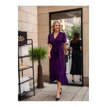 MARSiLYAN- Kadın Kruvaze Yaka Midi Boy Kuşaklı Krep Elbise 120 Cm