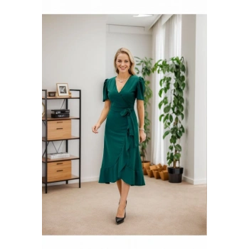 MARSiLYAN- Kadın Kruvaze Yaka Midi Boy Kuşaklı Krep Elbise 120 Cm