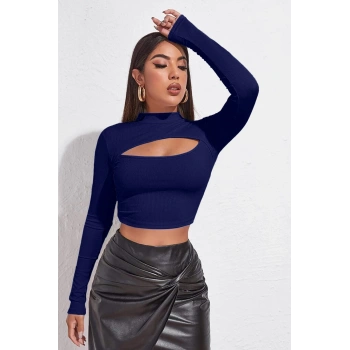 MARSiLYAN- Kadın Lacivert Göğüs Dekolteli Uzun Kollu Cut Out Crop Top Bluz