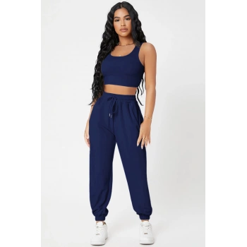 MARSiLYAN- Kadın Lacivert Kaşkorse Cepli Jogger Eşofman Altı ve Crop Top Bluz