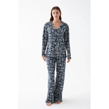 MARSiLYAN- Kadın Lacivert “Paris” Yazı Desenli Düğmeli Pamuklu Pijama Takımı
