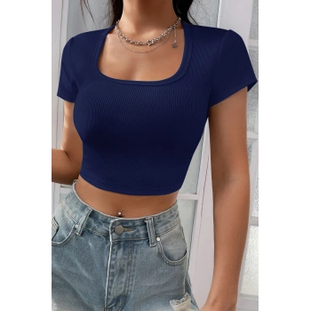 MARSiLYAN- Kadın Lacivert Yarım Kol Düz Yaka Crop Top Bluz
