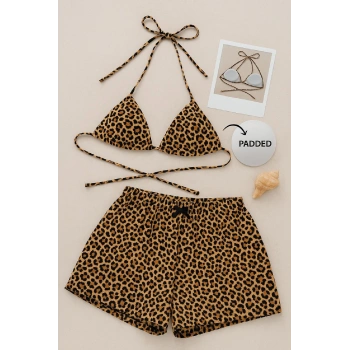 MARSiLYAN- Kadın Leopar Desenli Şortlu Belden ve Boyundan Bağlamalı Bikini Takımı