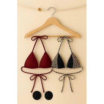 MARSiLYAN- Kadın Leopar Desenli ve Bordo Minimal Kesim Üçgen Bikini Üstü