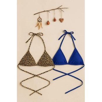 MARSiLYAN- Kadın Leopar Desenli ve Mavi Minimal Kesim Üçgen Bikini Üstü