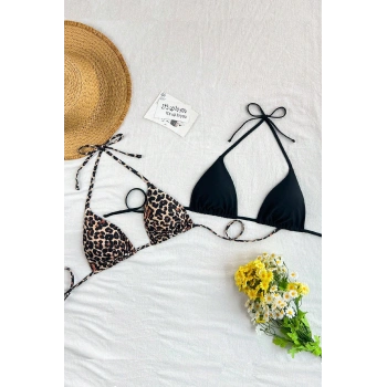 MARSiLYAN- Kadın Leopar Desenli ve Siyah Minimal Kesim Üçgen Bikini Üstü