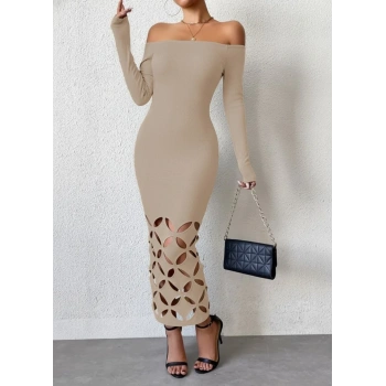 MARSiLYAN- Kadın Madonna Yaka Uzun Kollu Lazer çiçek Kesim Detaylı Uzun Ithal Krep Elbise