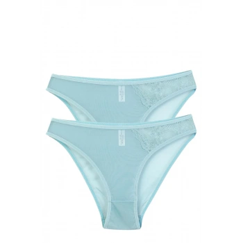 MARSiLYAN- Kadın Mavi Dantel Detaylı Transparan 2li Slip