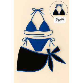 MARSiLYAN- Kadın Mavi Pareolu Yandan ve Boyundan Bağlamalı 3lü Bikini Takımı