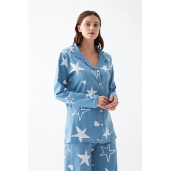 MARSiLYAN- Kadın Mavi Yıldız Desenli Düğmeli Pamuklu Pijama Takımı