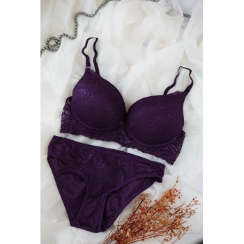 MARSiLYAN- Kadın Mor Dolgulu Dantel Sütyen Ve Külot Takım