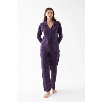 MARSiLYAN- Kadın Mor Düğmeli Yaka Detaylı Desenli Pamuklu Pijama Takımı