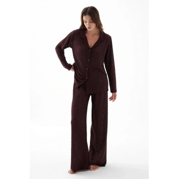 MARSiLYAN- Kadın Mürdüm Önden Düğmeli Rahat Kesim Pijama Takımı – Günlük Ev Giyim Seti