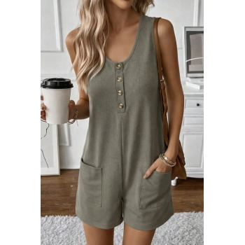 MARSiLYAN- Kadın Omuz Askılı önden Düğmeli Waffle Kısa Tulum