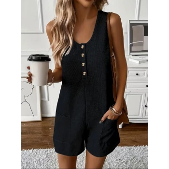 MARSiLYAN- Kadın Omuz Askılı önden Düğmeli Waffle Kısa Tulum