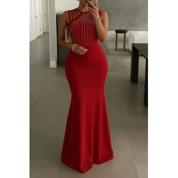 MARSiLYAN- Kadın Omuz çoklu Askılı önü Taş Işlemeli Balık Kesim Janjan Krep Maxi Boy Elbise