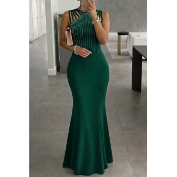 MARSiLYAN- Kadın Omuz çoklu Askılı önü Taş Işlemeli Balık Kesim Janjan Krep Maxi Boy Elbise